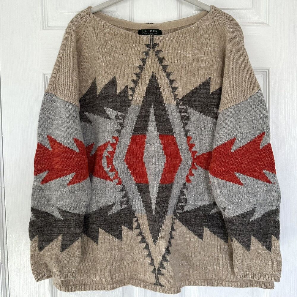 Lauren Ralph Lauren Sweater Womens 2X Southwestern Aztec Lambswool Linen Western